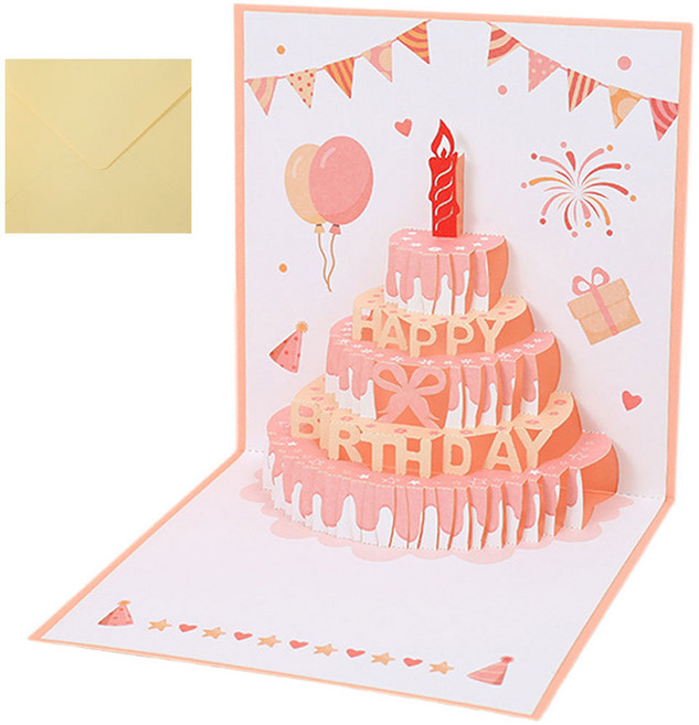 투데이리빙 생일 축하 녹음 카드 3D 입체 팝업 목소리 편지 선물 감사 초대 멜로디 미니 엽서 케익 케이크 토퍼 만들기 편지지 봉투, 1개, 체리블라썸 핑크