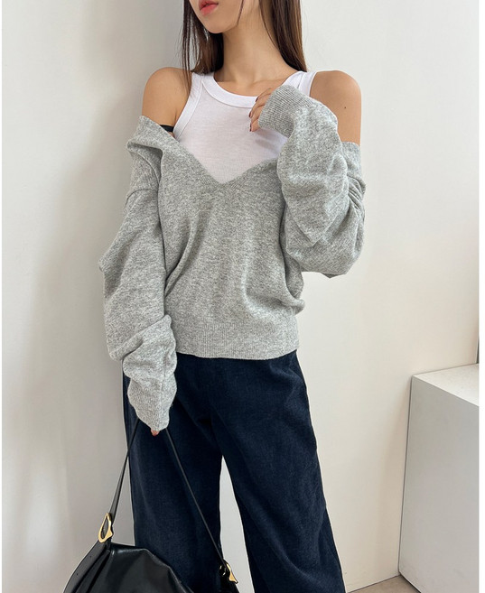 (울80) 딥 브이넥 루즈핏 유니크 울 니트 티셔츠 4color