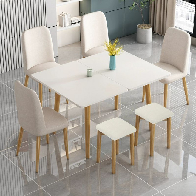 확장테이블 확장형식탁 접이식 이동식식탁 공간활용 2인용, 1개, 의자 4개 스툴 화이트소프트쿠션 B