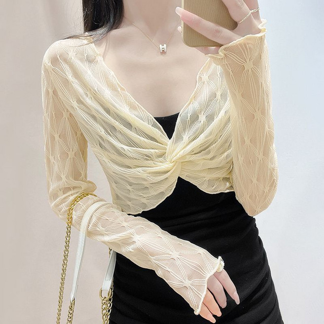純色網紗蕾絲防曬罩衫女夏季 外搭披肩, 杏色,XL