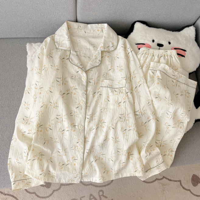 新款卡通圖案長袖長褲翻領開衫睡衣女家居服套裝