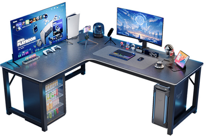 L型電競桌 160x120x75cm 碳纖維紋理桌面 升級加粗鋼架 附收納櫃, 碳纖維黑