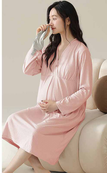 임산부 긴팔 잠옷 원피스 봄 가을 임부 모달 수유용 실내복 원피스 패션 홈웨어 YLP