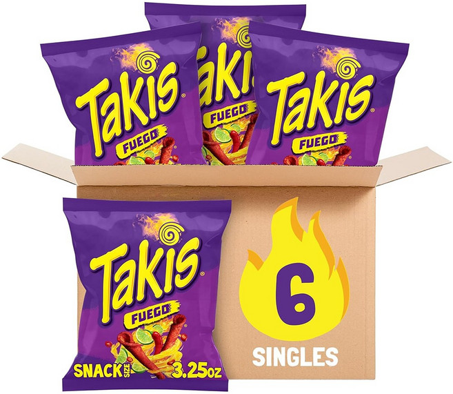 Takis Fuego Rolled Spicy Tortilla Chips 타키스 푸에고 롤드 스파이시 토르티야 칩 3.25oz(92g) 6팩, 6개, 92g
