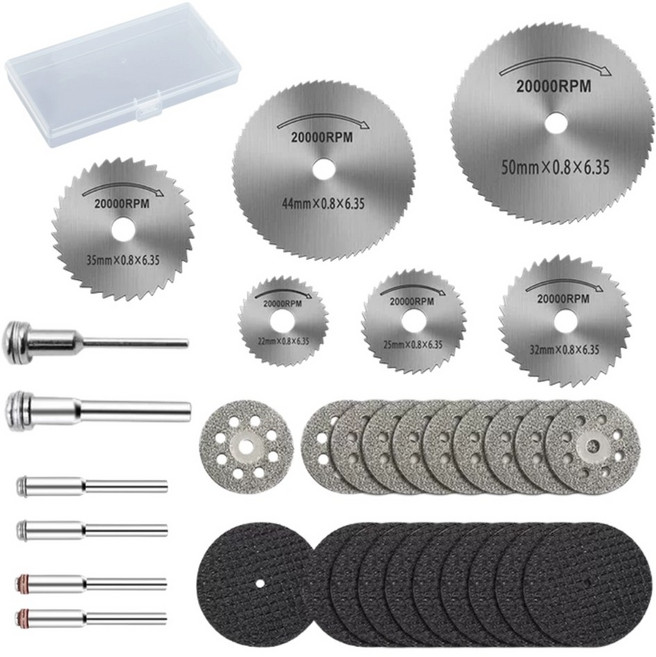 HSS 고속강 커팅날 미니 다이아몬드 컷팅 휠 미니 그라인더 절단석 PVC 나무 플라스틱 다용도 연마 드릴날 전동드릴용 32개입 + 수납함, 1세트