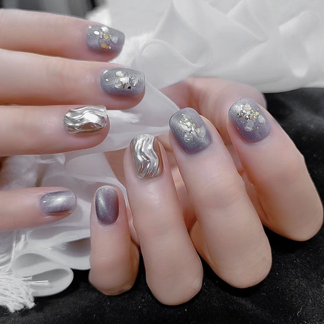 유니스뮬라 붙이는 셀프 네일팁 그레이 오로라 자개 글리터 마그네틱 자석젤네일 숏팁 U22, 2개