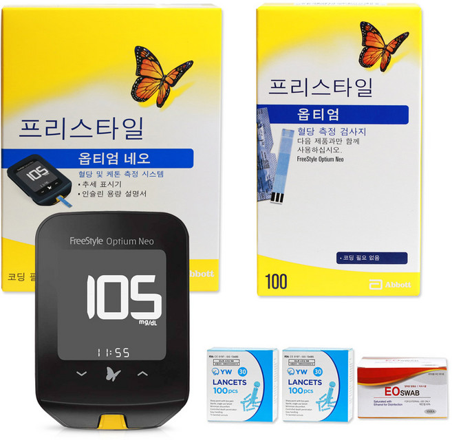 애보트 프리스타일 옵티엄 네오 혈당 측정기 + 시험지 100매 + 수동랜싯 200p + 에프에이 이올스왑 소독솜 100매 + 채혈기 + 휴대파우치, 1세트