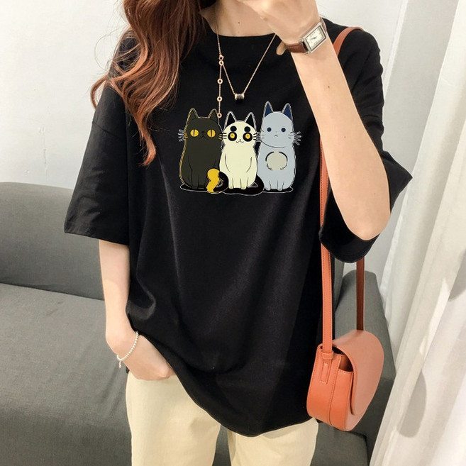 스타일아유 여성 여름용 오버핏 반팔 티셔츠 200g순면 원작 귀여운 고양이 프린트 빅사이즈 M~2XL 루즈핏 반팔티 롱티 자체제작[A3G3TS1725]