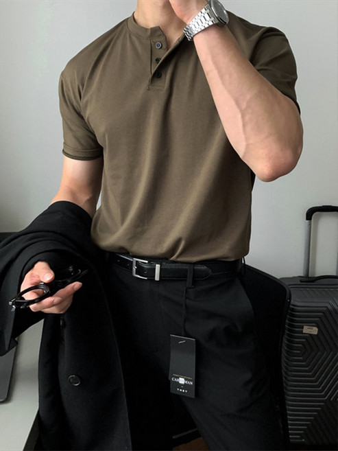 【重磅復古】亨利衫 短袖T恤 男式Polo衫 美式復古T恤 硬漢風T恤 運動健身T恤 緊袖口設計 純棉重磅面料 成熟穩重風格