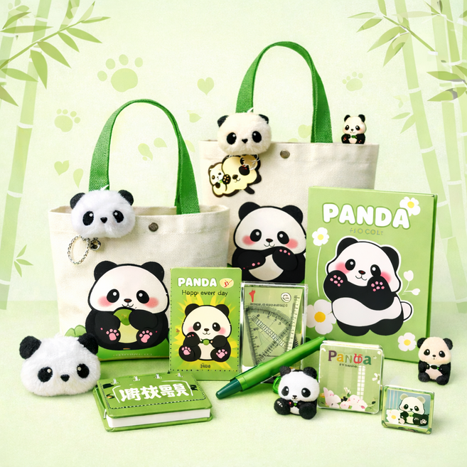 귀여운 판다 캔버스백 학용품 문구세트 노트북 펜 자, 1개, 연두빛