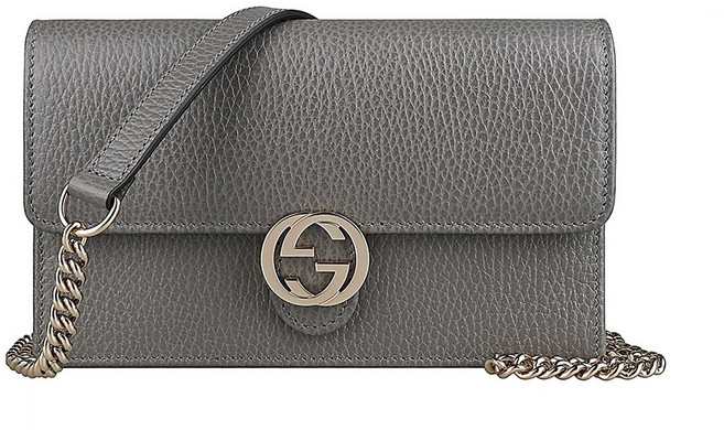 GUCCI 金字雙G LOGO 荔枝紋牛皮18卡扣式鏈帶斜背包 (多色), 灰