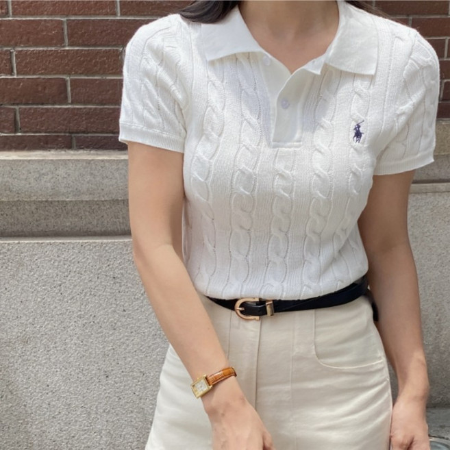 폴로랄프로랜 여성 카라넥 반팔 니트 스웨터 화이트