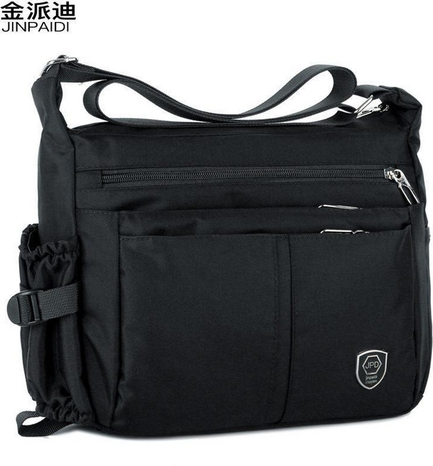 JINPAIDI 多口袋尼龍防潑水單肩斜挎包 男士休閒側背包, 黑色
