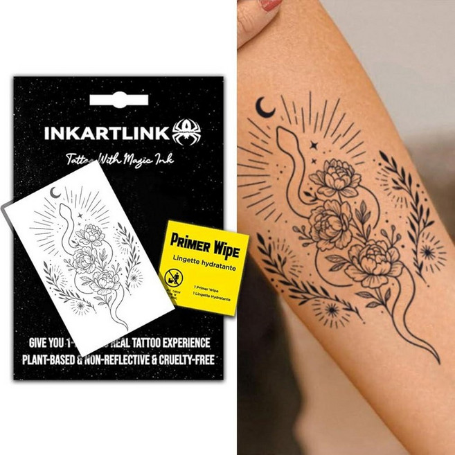 INKARTLINK 반영구 타투 여성용 팔 파티 스네이크 타투 아름다운 디자인과 사실적 재미있는 타투 경험 제공 비반사 및 방수 (보태니컬 스네이크 타투), 식물성 뱀 타투, 1