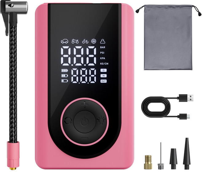 무선 전동 에어펌프 휴대용 7200mAh 다용도 자동차 자전거 타이어 공기주입기 노즐포함, 핑크, 1개