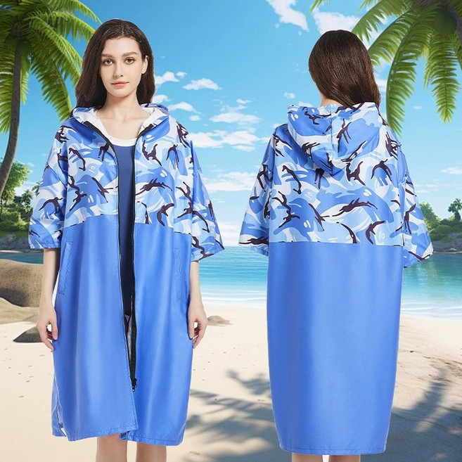 판초 타월 수영 목욕 비치 가운 재킷 지퍼 가디건 대형 성인 후드 집업, 원사이즈(신장 140~185cm에 적합), 1. 지퍼 포켓 - 블루 카모플라주, 1개