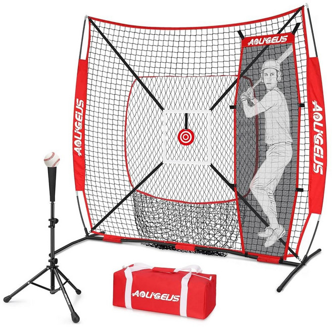 타격 투구 캐치를 위한 타격 티 더미 타자 보너스 스트라이크 존 타겟 및 활 프레임이 포함된 AOLIGEIJS 6'X6' 야구 소프트볼 연습 네트 투구 배트 네트, Strike Zone Version d, 1개