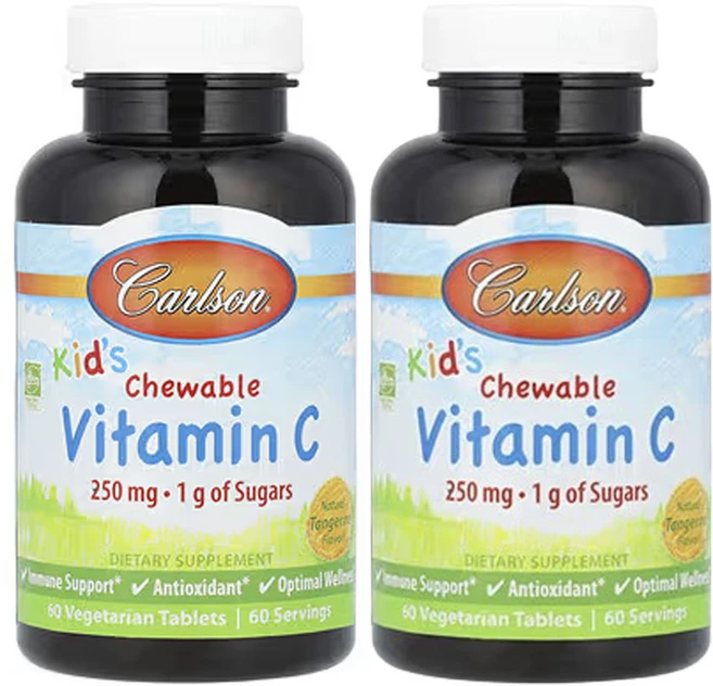칼슨 어린이용 츄어블 비타민C 천연 귤 맛 250mg 60베지정제, 2팩, 60정 - 쿠팡
