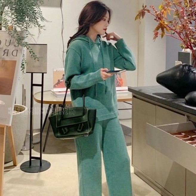 믹스블링 여성 투피스 세트 후드 니트 트레이닝 밴딩 바지 팬츠