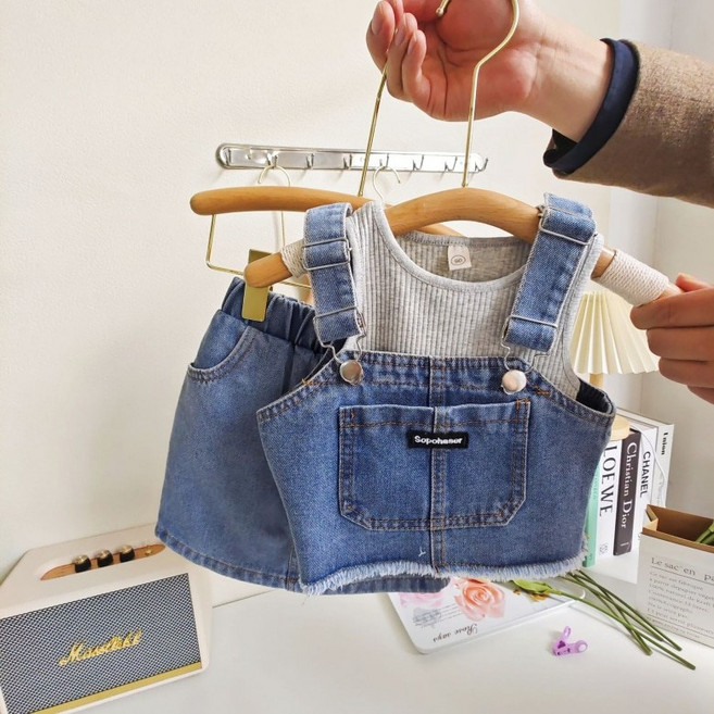 구빠방 아동 데님 멜빵 스커트 나시 여름 상하의 코디 3종 세트 쓰리피스