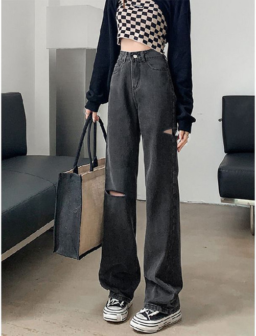 Queen 高腰破洞闊腿牛仔褲