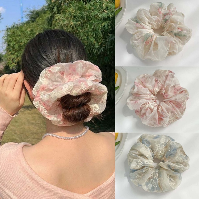 ZMBIRD 망사 자수 꽃송이 프린트 여성용 곱창 머리끈 3종세트 H4931