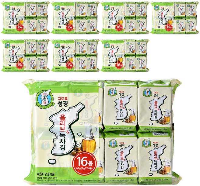 [지도표 성경김] 올리브녹차 도시락김 4g 16개입 8개 재래김 곱창김 대용량, 1개, 64g