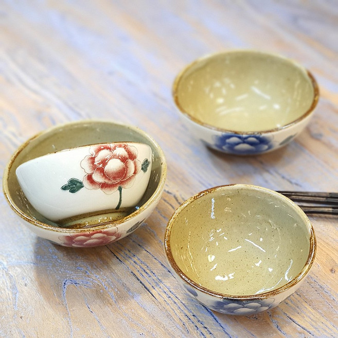 분청 목단 예쁜 밥공기 국공기 핸드메이드 도자기 밥그릇세트, 빨강, 1개