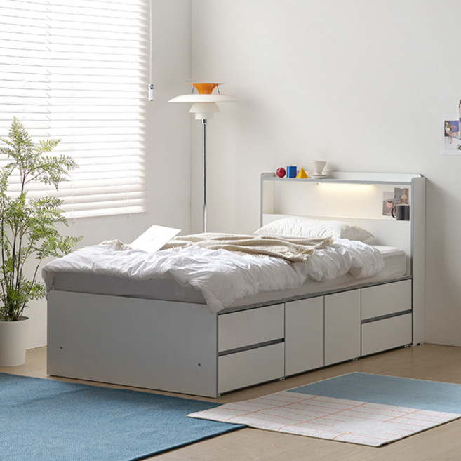 알파침대 프린 LED 2단 수납침대+애쉬드 독립스프링 매트리스, 화이트