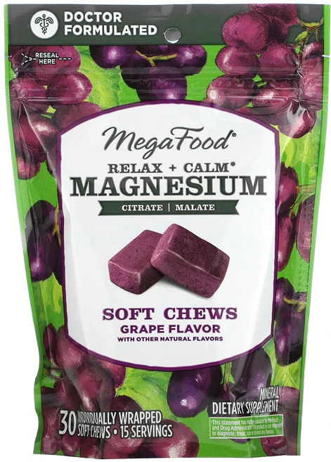 MegaFood Relax + Calm 마그네슘 소프트 츄 포도 맛 250mg 개별 포장된 소프트 츄 30개(츄 1개당 125mg), MegaFoodRelaxCalm마그네슘소프트츄포도맛25, 1개, 30정 - 쿠팡