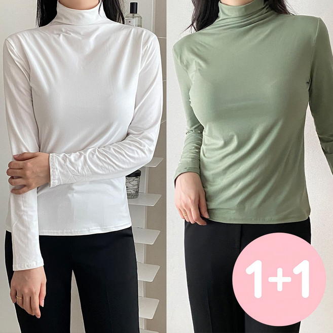 아소트 1+1 2장세트 여성 간절기 레이온 이너 베이직 소프트 반목티 목폴라 티셔츠 12컬러