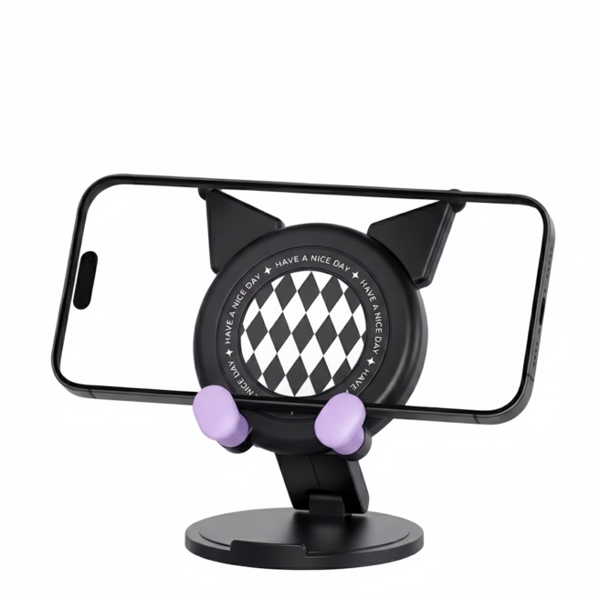 OFFCURVE 회전형 캐릭터 스마트폰 거치대 탁상용 접이식 독특한 데스크테리어 소품, 1개, 검은색