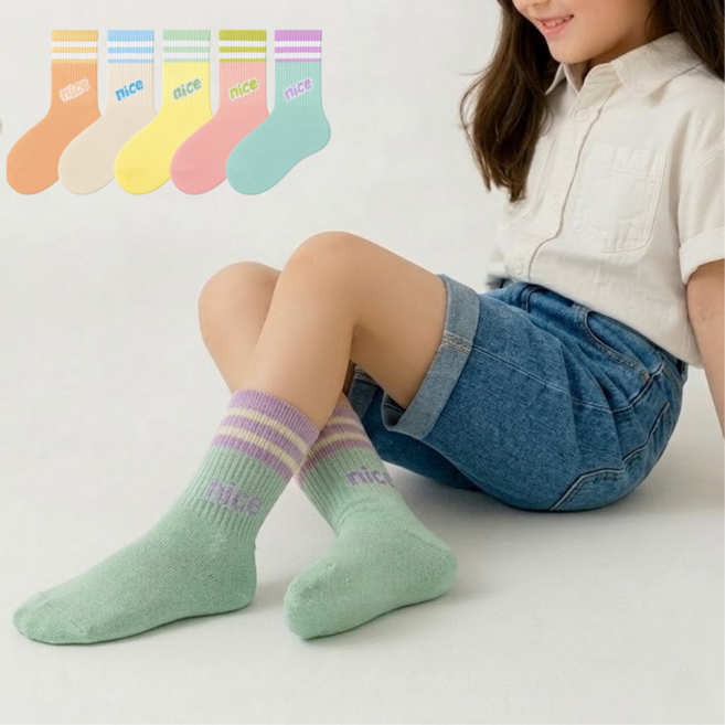 아동용 어린이 파스텔 중목 양말 5켤레 세트