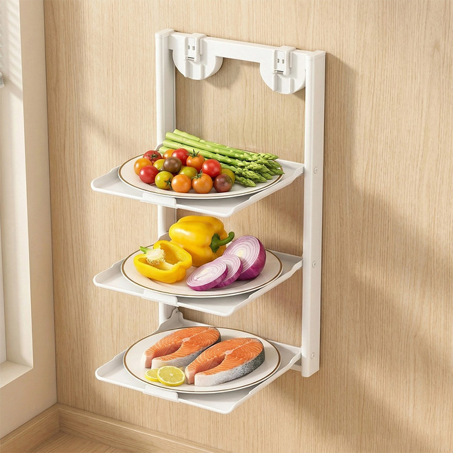 주방 수납 선반 정리대 접시정리대 접이식 3 단 무타공 진공흡착 싱크대 벽걸이 그릇 식기 요리대 ABS 주방용품, 화이트, 1개, 3단