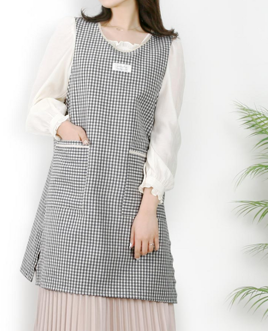 면 린넨 체크 앞치마 끈 단추 여름 워싱 예쁜 유치원 어린이집 원피스 선생님 보육교사 앞치마 린다스 에이프런샵, 1개, 단추타입 그레이