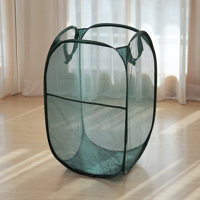 이지유 접이식 메쉬 빨래 바구니 원터치 세탁 보관 햄퍼, 그린
