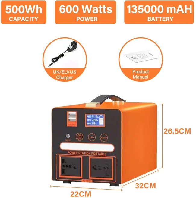휴대용 파워스테이션 300/600/800/1000/1500/2500W 발전기 에너지 저장 파워뱅크 캠핑 여행 RV 가정용, 01 600W, 01 220V용, 02 유럽 ​​연합