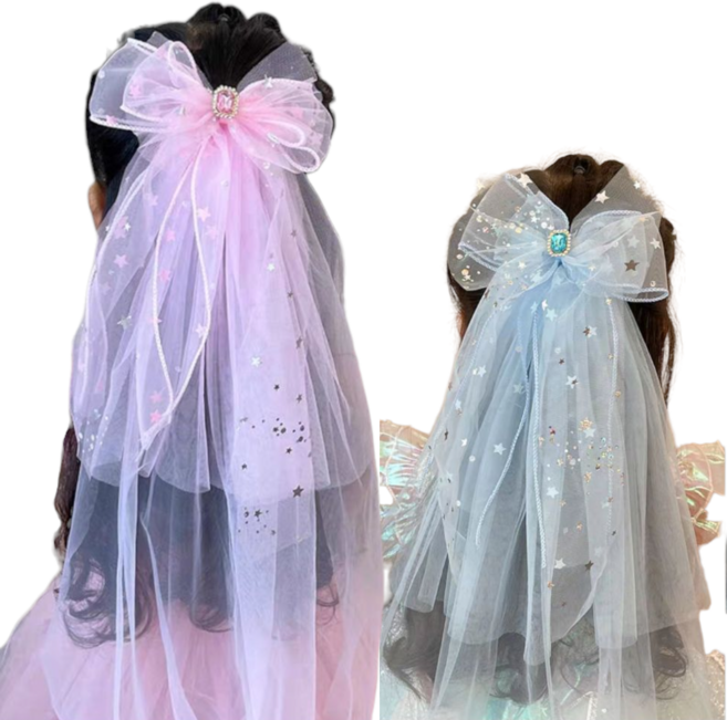 두두리니 여아 공주 별 롱베일 헤어핀 리본 베일 머리핀 키즈 헤어핀 핑크 퍼플 블루 면사포 웨딩 프린세스 보석 티니핑 생일 파티 드레스 원피스 코디 선물