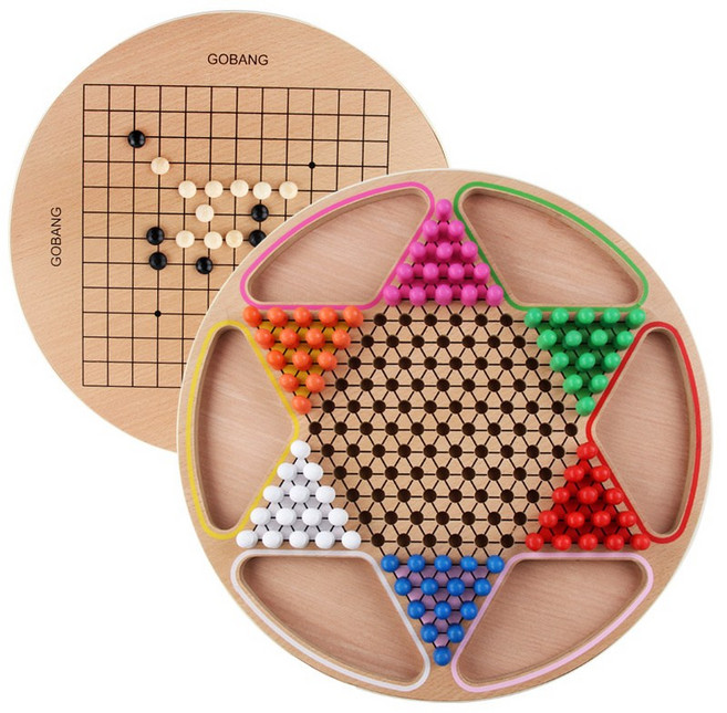 DFMEI 超大號五子棋飛行棋木質二合一跳棋兒童益智棋盤遊戲桌遊玩具, 1個, 34CM大號二合一跳棋五子棋:如圖