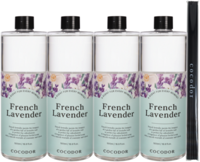 코코도르 디퓨저 리필액 + 리드스틱 5P, 프렌치라벤더, 500ml, 4개