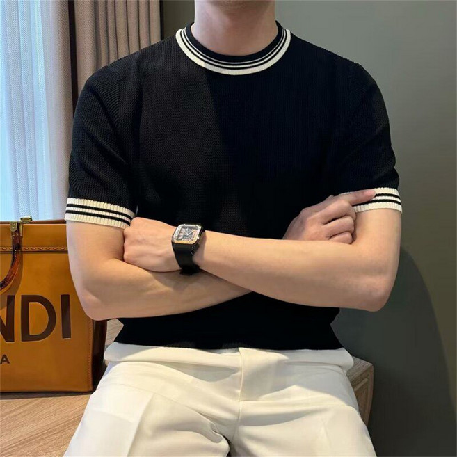 남자 니트 반팔티 여름 라운드넥 쿨 티셔츠 슬림 스판 통기성 데일리 AJ88