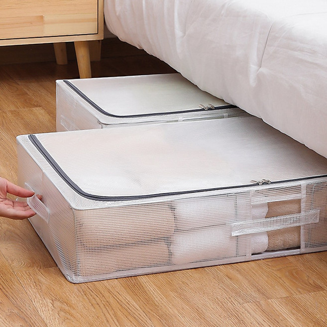 아모란나 언더베드 수납함 의류 이불 정리함 리빙박스 2P 반투명 PVC 스틸프레임, 2개, 반투명 화이트