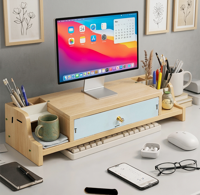 데꾸데꾸 수납/서랍형 다용도 목재 모니터 받침대 50cm, 1개, 우드