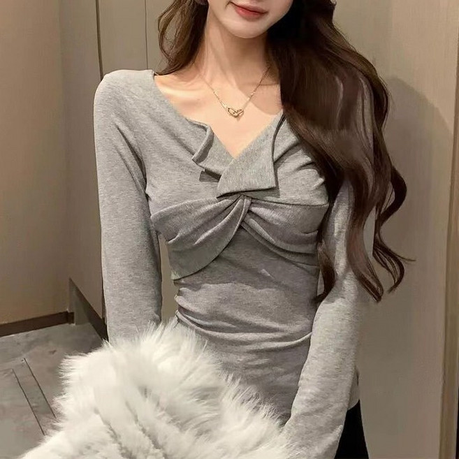 히또리 T4912 브이넥 쫀득 신축성 꼬임 바스트 가슴 긴팔 티셔츠