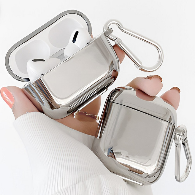 쁘띠마켓 실버 크롬 메탈 유광 미러 매트 무광 카라비너 키링 에어팟 케이스, 1개, 에어팟 프로 2