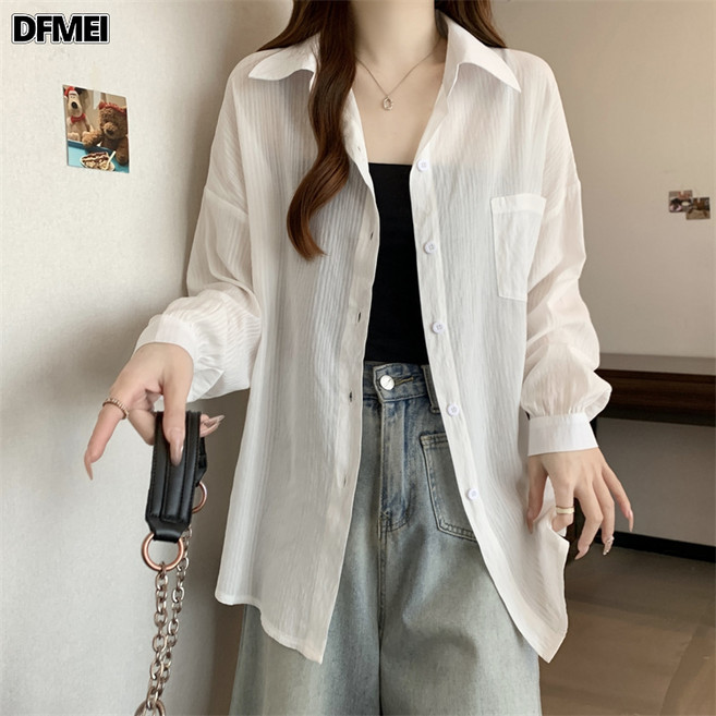 DFMEI 大碼藍色長袖襯衫女春秋薄款外搭襯衣復古中長款上衣