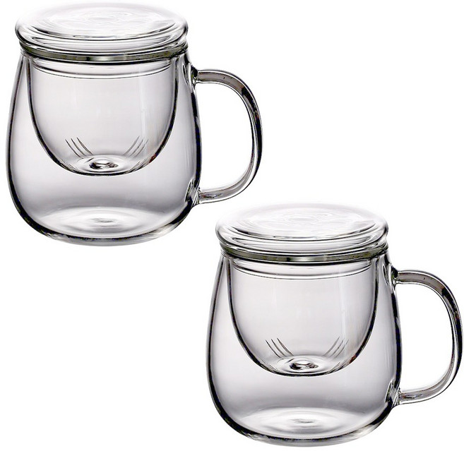 1+1 투명 내열 유리 찻잔 세트 500ml 뚜껑 있는 차 거름망 머그 컵 인퓨저 티 유리컵 차거름망 머그컵 차망 다기잔 머그잔 손잡이 유리잔 인퓨져 일체 홈카페, COU0113A(2개입, 1세트