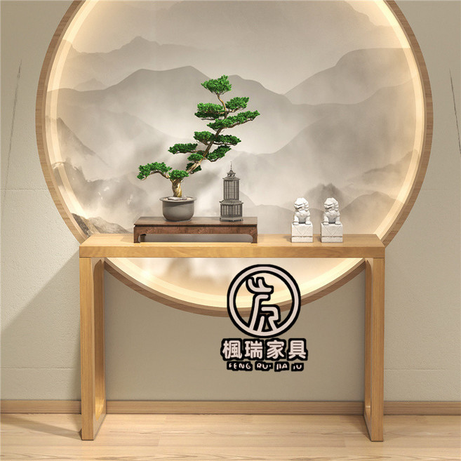 楓瑞家具 新中式實木長條桌 禪意玄關桌 靠牆端景台, 長80寬30高85CM原木色
