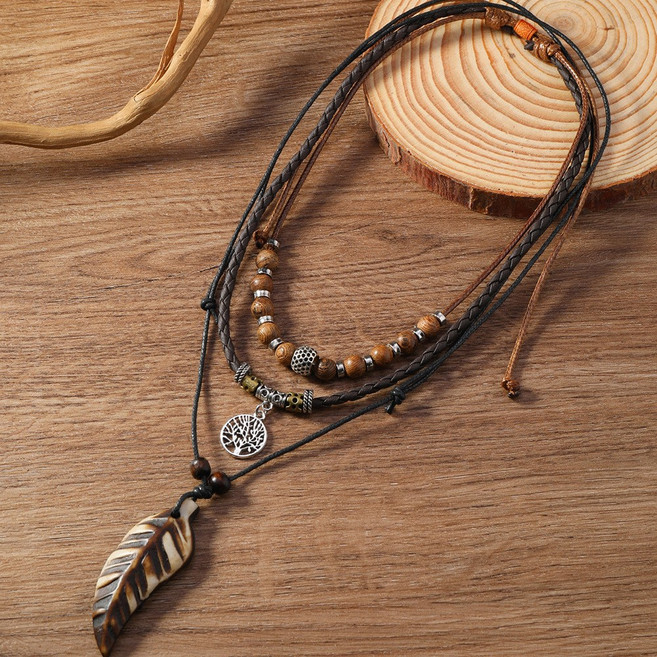 보헤미안 우드 비즈 펜던트 목걸이 세트 PU 가죽 코드 빈티지 스타일 남녀공용 액세서리