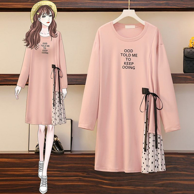 M-4XL 大尺碼長袖洋裝 拼接波點連身裙, 粉紅色,M 40-50公斤